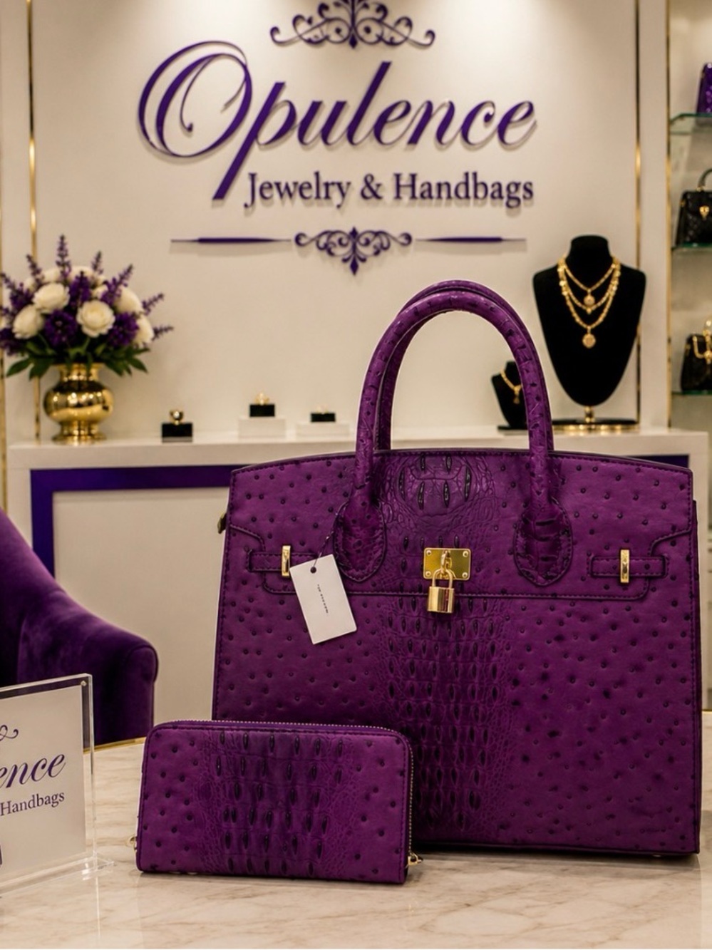 Purple Ostrich-Embossed Tote Bag with Matching Wallet